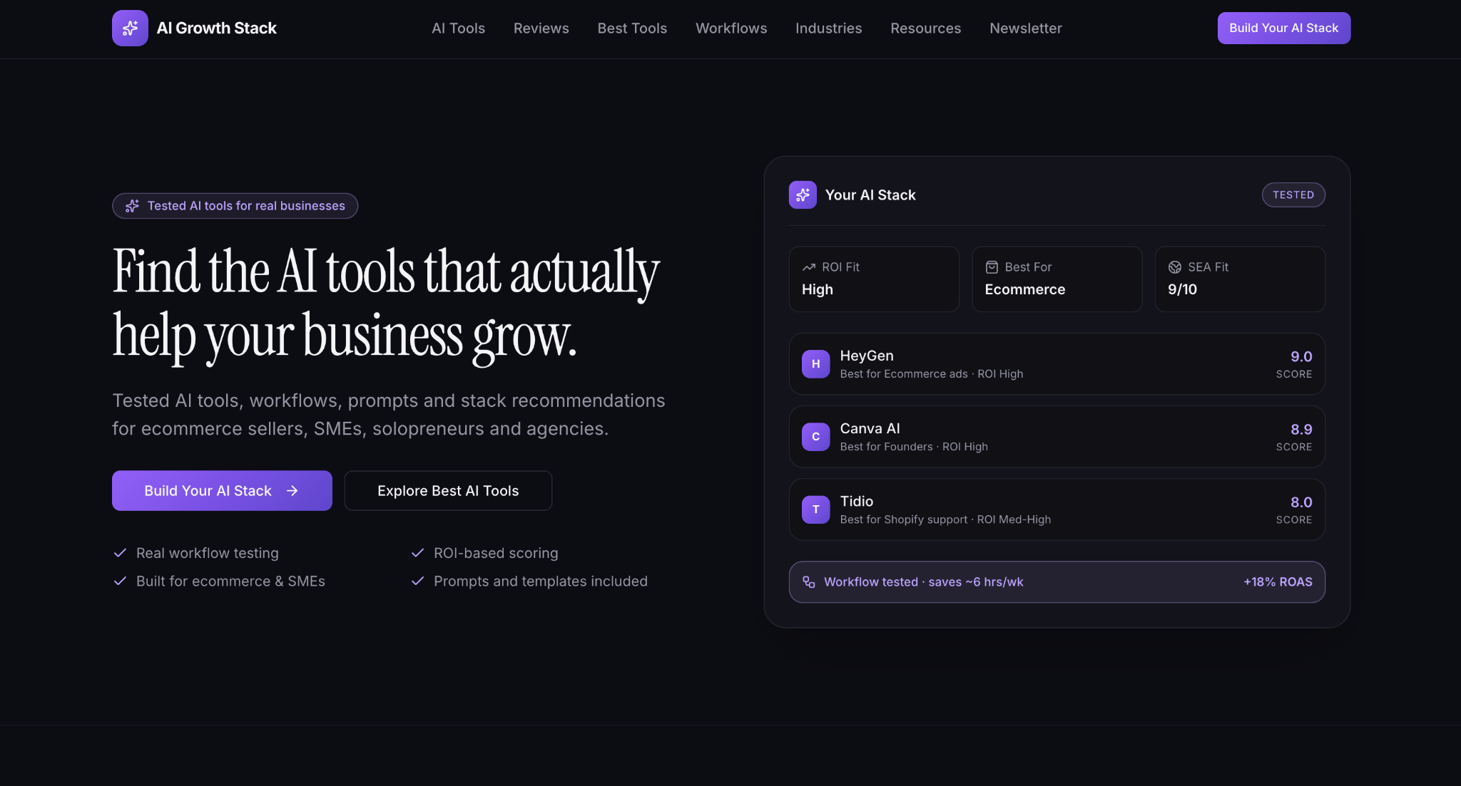Ảnh giao diện AI Growth Stack cao cấp trong Hero Section